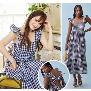 Reformation Hartford Dress Gingham Navy/White Ruffle Tiered Open Back Small Boho